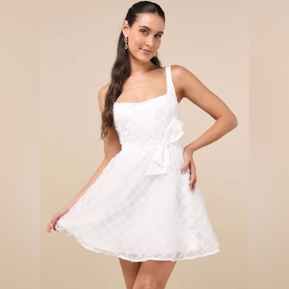 Eowyn White Tulle Bow Skater Mini Dress, NWT